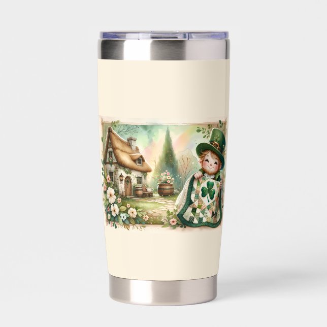 Cottage Leprechaun Patchwork Quilt Scene Insulated Tumbler (Front)