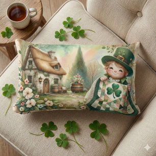 Cottage Leprechaun Patchwork Quilt Scene Lumbar Cushion
