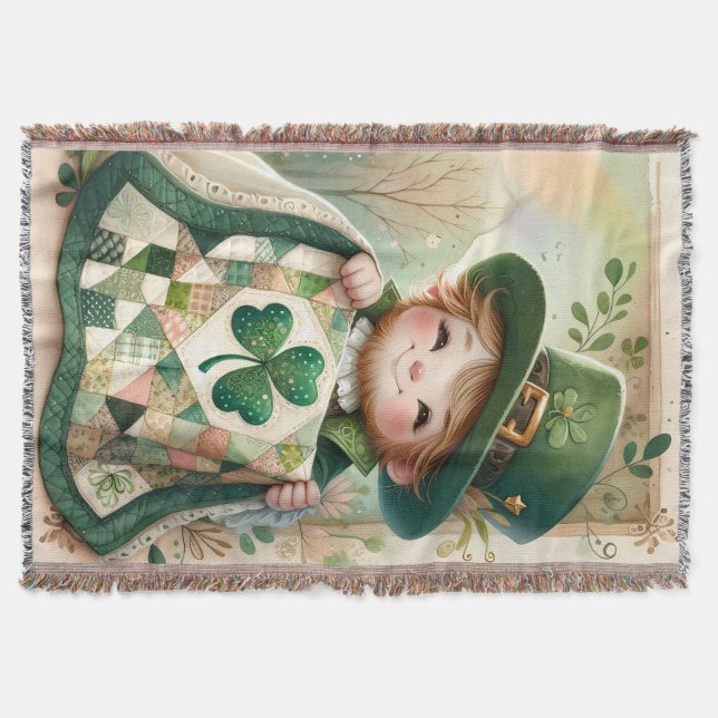 Cottage Leprechaun Patchwork Quilt Scene Throw Blanket (Front)