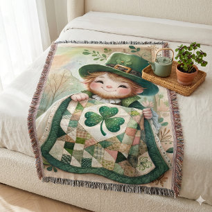 Cottage Leprechaun Patchwork Quilt Scene Throw Blanket