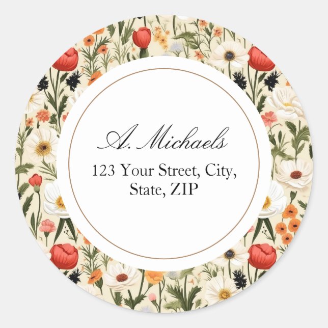 Cottage Meadow Wildflowers Round Address Label (Front)