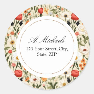 Cottage Meadow Wildflowers Round Address Label