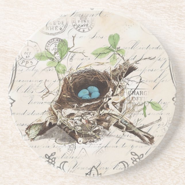 Cottage modern vintage french country bird nest coaster (Front)