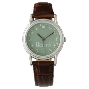 Cottage Pink and Green Floral Wreath Personalised Watch