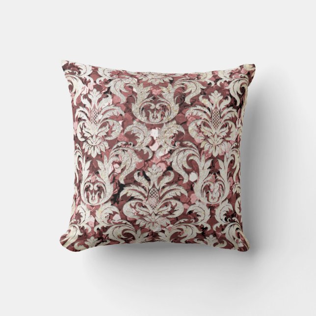 Cottage Pink Rose Maroon Damask Grey Pearl Sequin Cushion (Front)