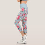 Cottage Pink Roses on Blue Background Capri Leggings<br><div class="desc">Elegant and romantic seamless floral pattern featuring cottage style pastel pink roses with white and pink wildflowers on light sky blue background. Waistband colour is customisable.</div>