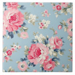 Cottage Pink Roses on Blue Background Ceramic Tile<br><div class="desc">Elegant and romantic seamless floral pattern featuring cottage style pastel pink roses with white and pink wildflowers on light sky blue background.</div>