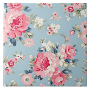 Cottage Pink Roses on Blue Background Ceramic Tile