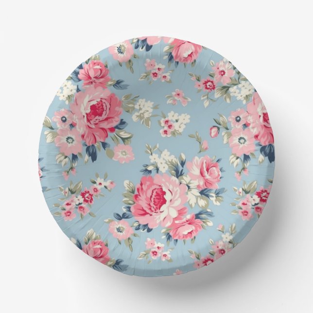 Cottage Pink Roses on Blue Background Paper Plate (Front)