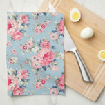 Cottage Pink Roses on Blue Background Tea Towel<br><div class="desc">Elegant and romantic seamless floral pattern featuring cottage style pastel pink roses with white and pink wildflowers on light sky blue background.</div>