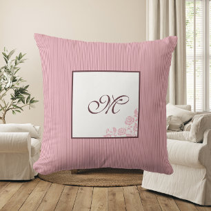 Cottage Pink Stripe Rose Pattern Script Monogram Cushion