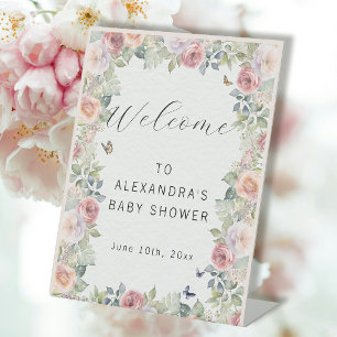Cottage Rose Garden Floral w Butterfly Baby Girl Pedestal Sign