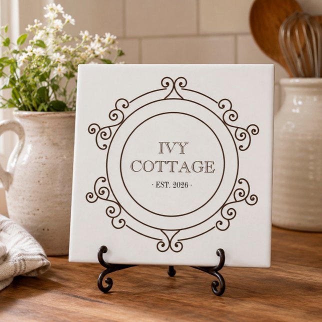 Cottage Scrollwork Ceramic Tile with Custom Text (Custom ceramic tile bringing personality to a cozy kitchen corner.)