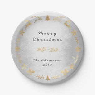 Cottage Silver Grey Gold Christmas Paper Plate