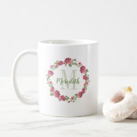 Cottage Style Floral Pink Roses Wreath Monogram
