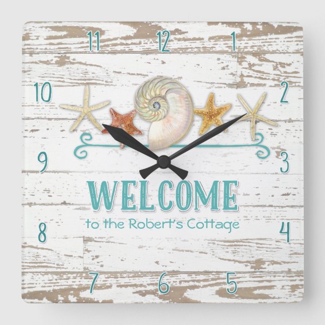 Cottage Style Welcome Wooden Beach Shells Board Square Wall Clock (Front)