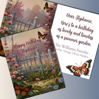 Cottage summer flower garden fence butterflies  card