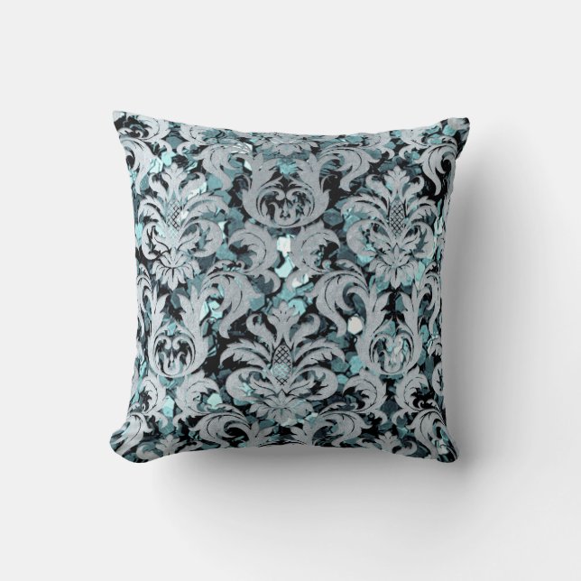 Cottage Teal Aquatic Damask Blue Grey Navy Sequin Cushion (Front)
