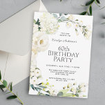 Cottage White Floral 60th Birthday Party Invitation<br><div class="desc">Celebrate her 60th birthday in lovely farmhouse cottage style with this chic white floral birthday party invitation. It features an open wreath of white hydrangeas, roses and mixed flowers with eucalyptus and other greenery. Personalise the text template with your event details. Since all of the text can be edited in...</div>