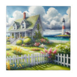 Cottage With View Of The Lighthouse Ceramic Tile<br><div class="desc">A dreamy coastal cottagecore landscape filled with soft watercolor charm and breezy seaside tranquility. A welcoming seaside cottage sits among lush garden paths, blooming flowers, and a bright white picket fence, creating a warm storybook atmosphere. In the distance, a tall lighthouse rises beside sparkling blue ocean waves, adding a classic...</div>