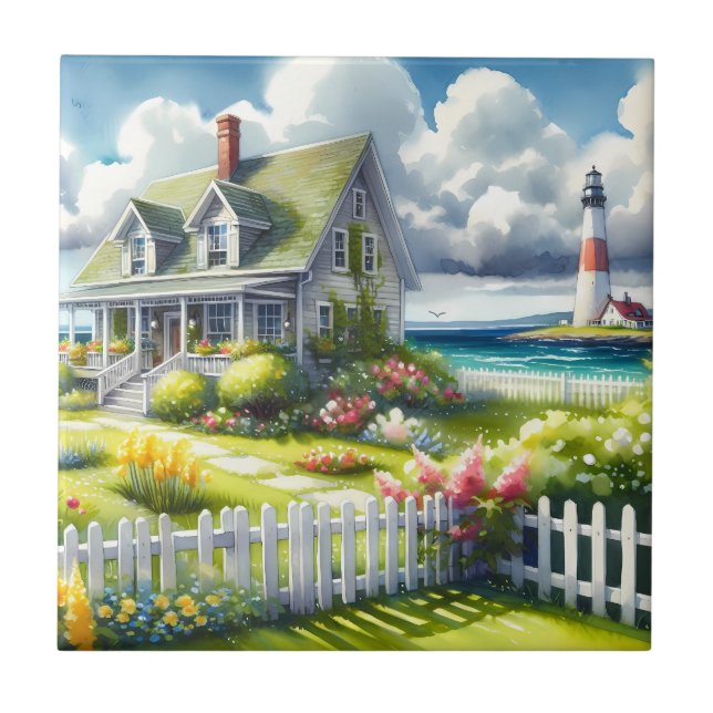 Cottage With View Of The Lighthouse Ceramic Tile (Front)