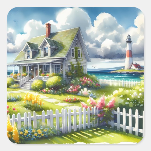 Cottage With View Of The Lighthouse Square Sticker (Front)