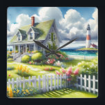 Cottage With View Of The Lighthouse Square Wall Clock<br><div class="desc">A dreamy coastal cottagecore landscape filled with soft watercolor charm and breezy seaside tranquility. A welcoming seaside cottage sits among lush garden paths, blooming flowers, and a bright white picket fence, creating a warm storybook atmosphere. In the distance, a tall lighthouse rises beside sparkling blue ocean waves, adding a classic...</div>