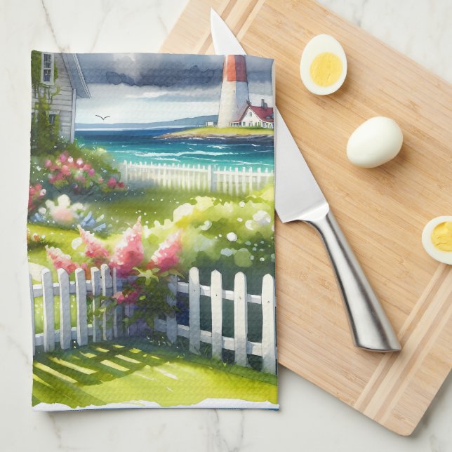 Cottage With View Of The Lighthouse Tea Towel (Quarter Fold)