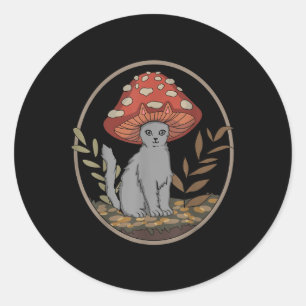 Cottagecore Aesthetic Cat With Mushroom Hat  Classic Round Sticker