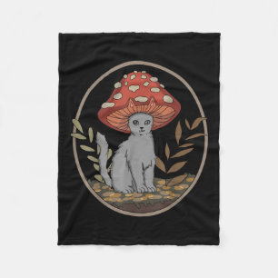 Cottagecore Aesthetic Cat With Mushroom Hat Fleece Blanket