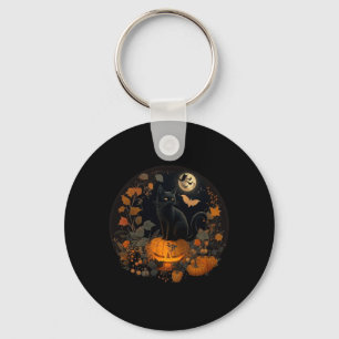 Cottagecore Aesthetic Floral Black Cat Pumpkins Key Ring