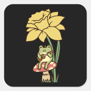 Cottagecore Aesthetic Frog with Ukulele Mushroom Square Sticker