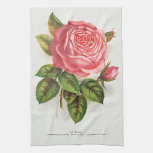 Cottagecore Antique Pink Rose Floral Illustration Tea Towel