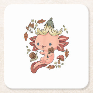 Cottagecore Axolotl Aestethic Mushrooms Cute Gobli Square Paper Coaster