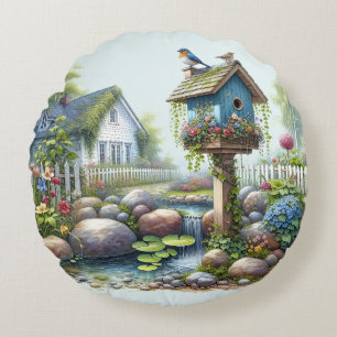 Cottagecore Birdhouse Garden Watercolor Round Cushion