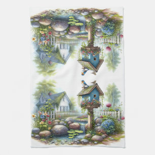 Cottagecore Birdhouse Garden Watercolor Tea Towel