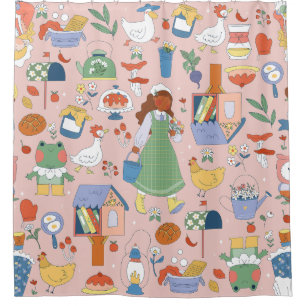 cottagecore black african girl library duck retro shower curtain