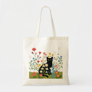 Cottagecore Black Cat Wildflower Canvas Tote Bag