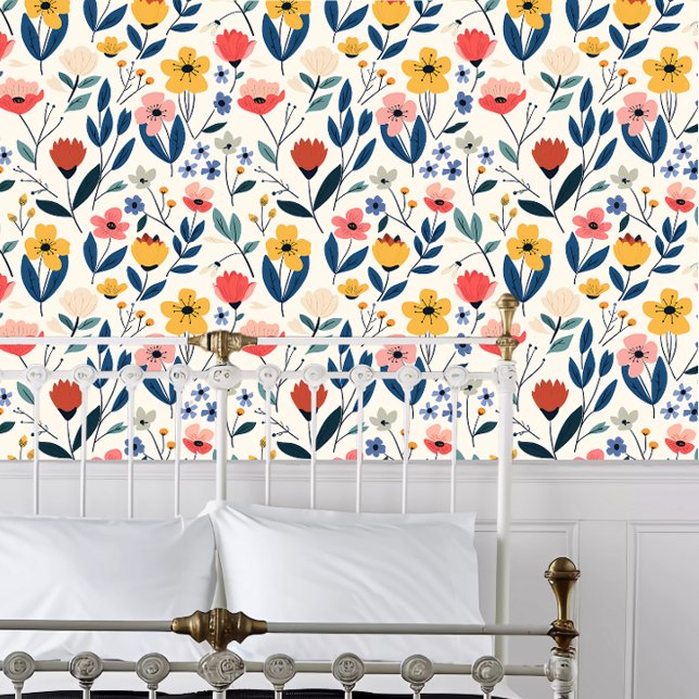 Cottagecore Bright Floral Wallpaper (Cottagecore Bright Floral behind a white metal bed frame. )