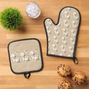 Cottagecore Bunny Charm All-Over Print Apron Oven Mitt & Pot Holder Set