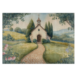 Cottagecore Chapel Path Pastel Landscape Cutting Board