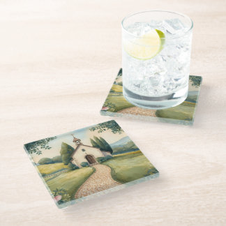 Cottagecore Chapel Path Pastel Landscape Glass Coaster