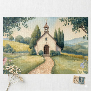 Cottagecore Chapel Path Pastel Landscape Jigsaw Puzzle