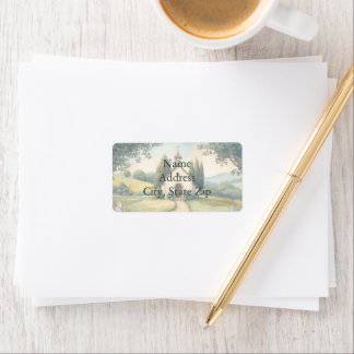 Cottagecore Chapel Path Pastel Landscape Label