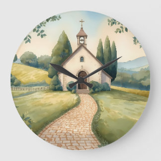 Cottagecore Chapel Path Pastel Landscape Large Clock