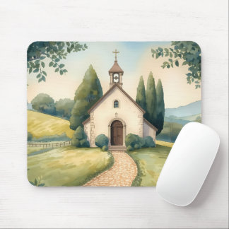 Cottagecore Chapel Path Pastel Landscape Mouse Pad