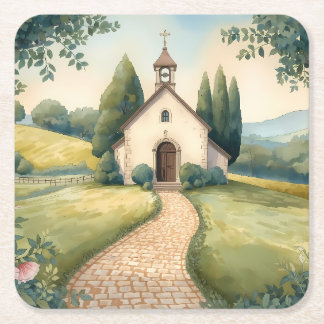 Cottagecore Chapel Path Pastel Landscape Square Paper Coaster