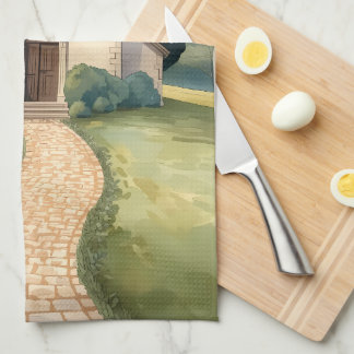 Cottagecore Chapel Path Pastel Landscape Tea Towel