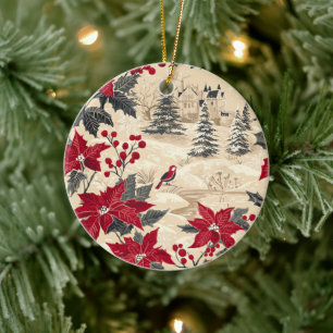 Cottagecore Christmas Manor Red Poinsettia Cream Ceramic Ornament