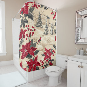 Cottagecore Christmas Manor Red Poinsettia Cream Shower Curtain